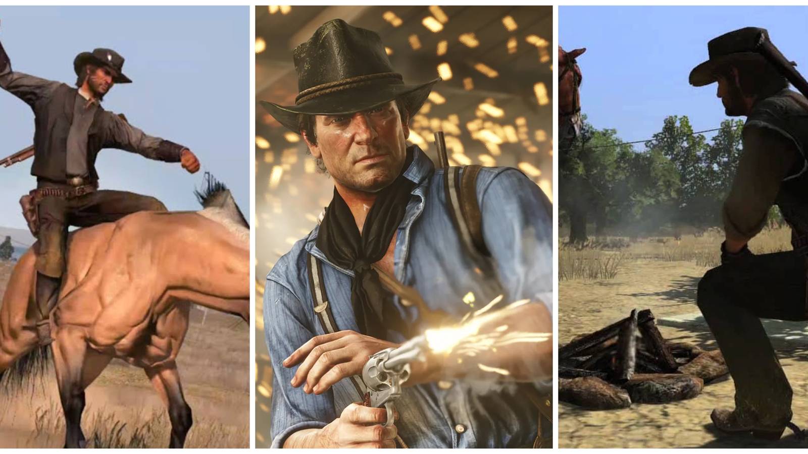 john marston riding a horse, arthur morgan shooting, john marston at camp