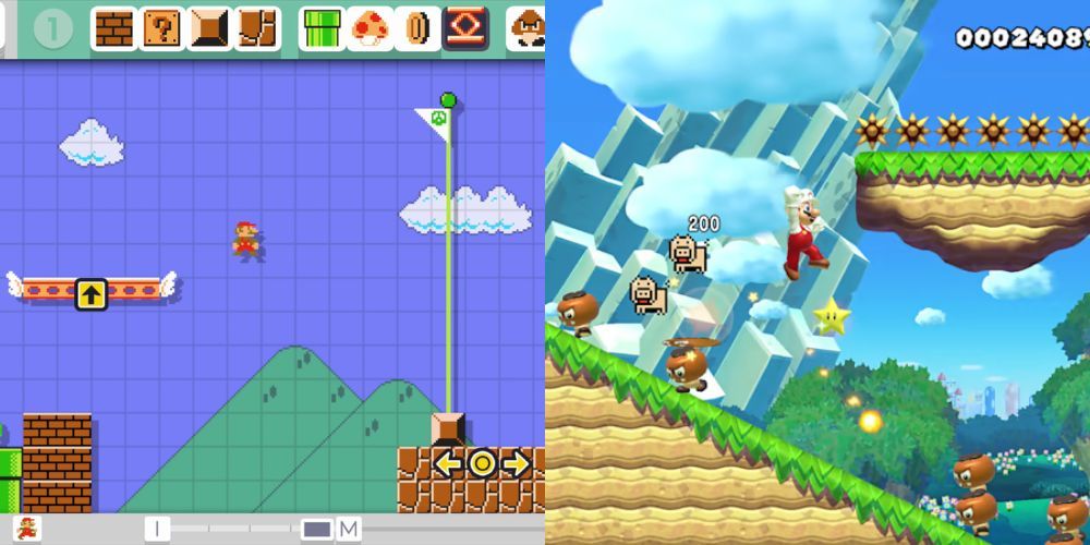 Creating a level in Super Mario Maker and playing through a level in Super Mario Maker 2.