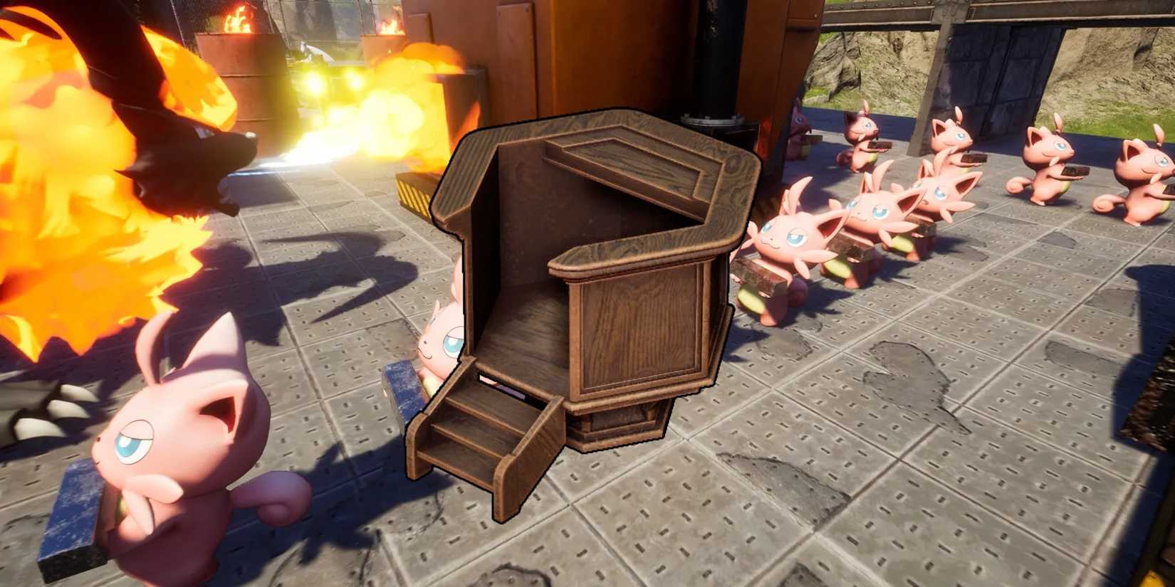 palworld minotoring stand over several cattivas working in a base