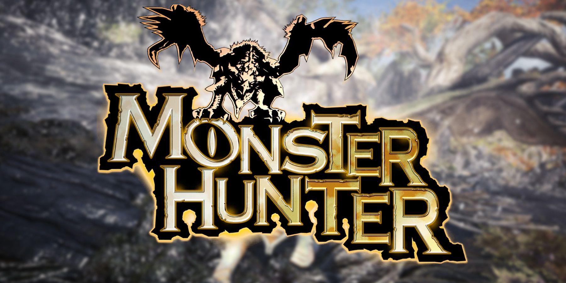 Monster Hunter 1 logo on blurred MH World screenshot