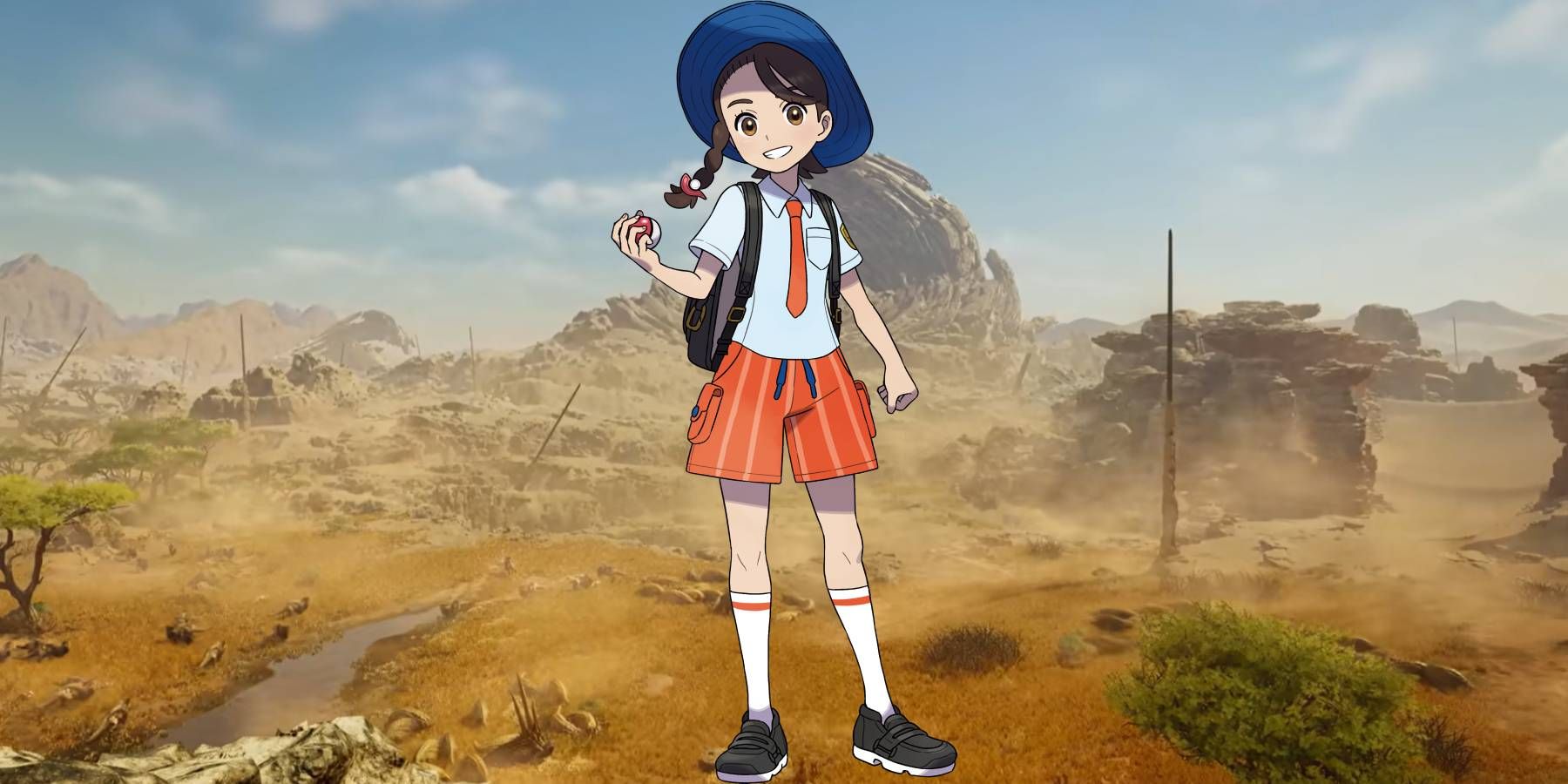 Juliana from Pokemon Scarlet and Violet over a shot from Monster Hunter Wilds' trailer