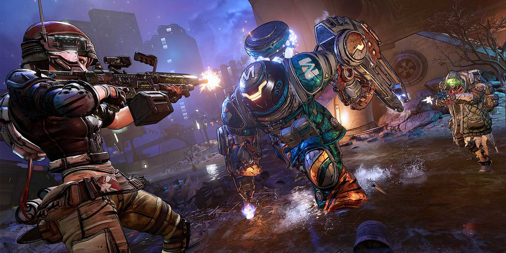 Moze and Fl4k firing at an enemy in Borderlands 3