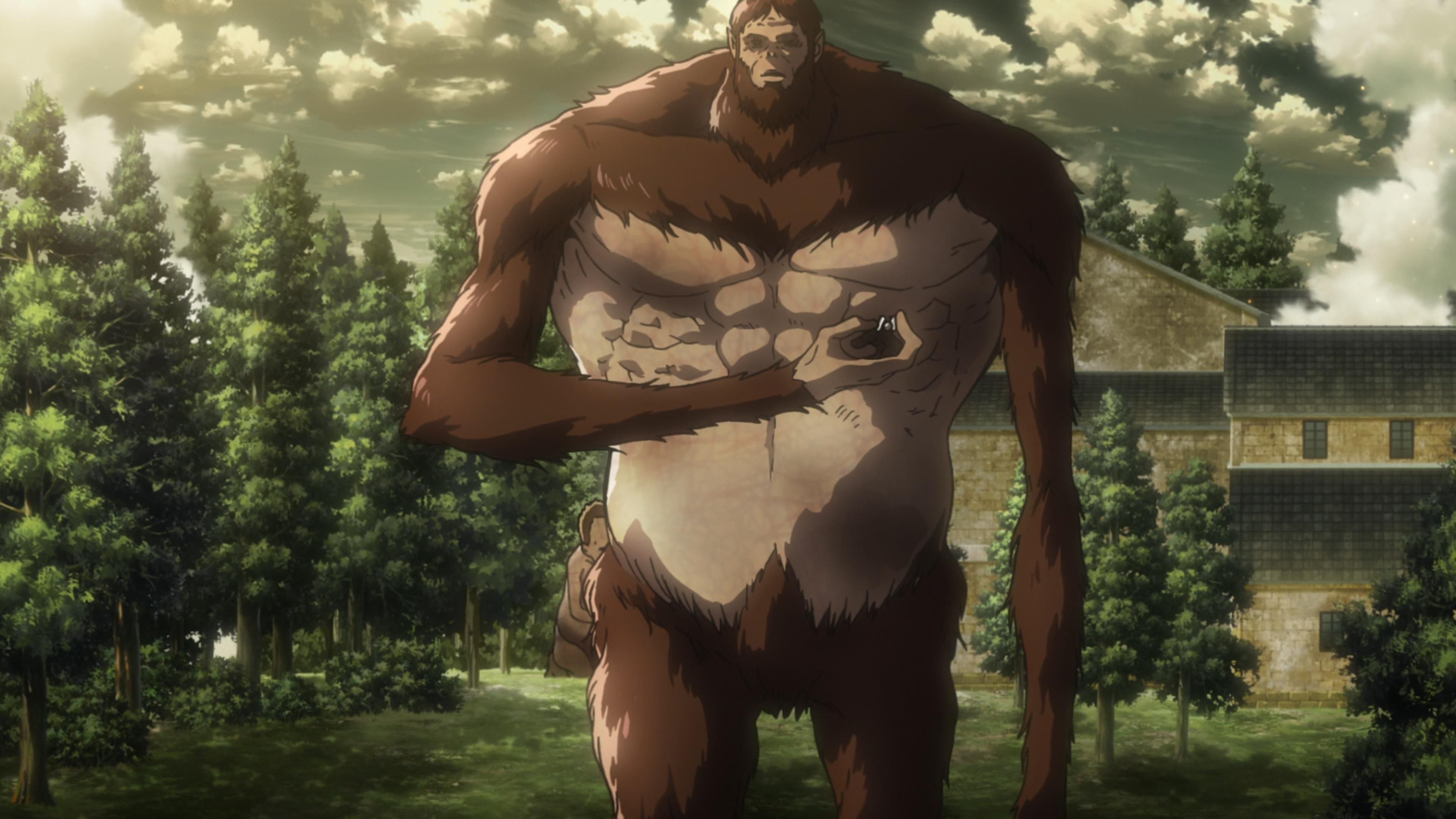 The Beast Titan studying the 3D Maneuver Gear in Attack on Titan