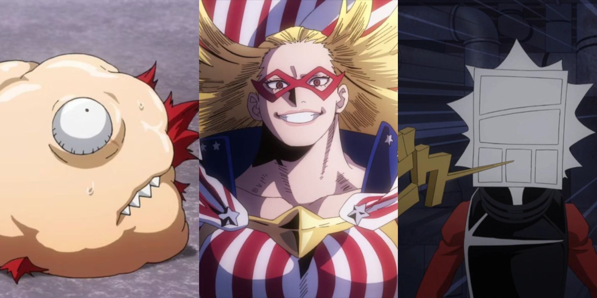 A collage of some of the strangest quirks in My Hero Academia: Meatball, New Order and Comic.