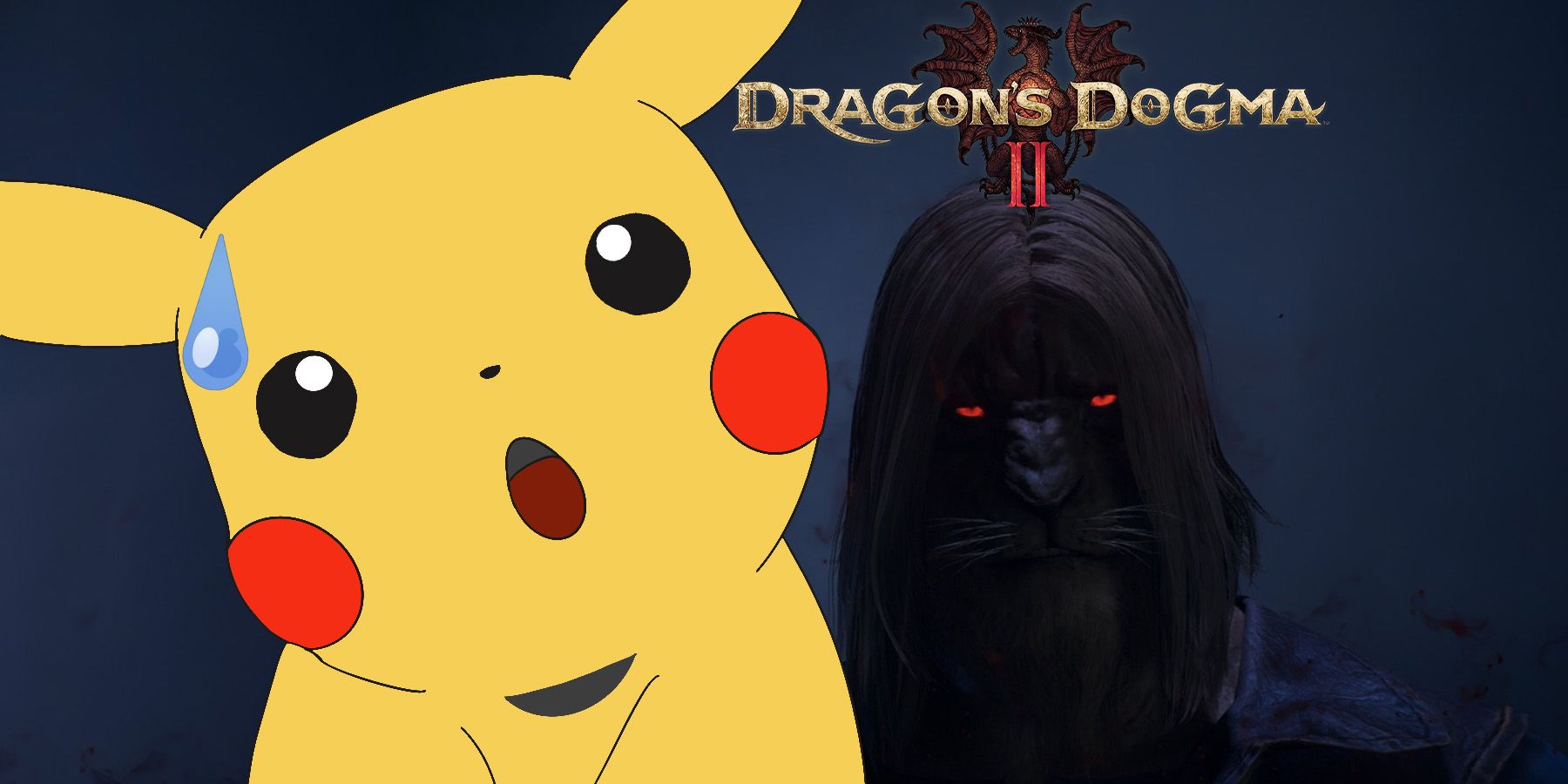 Nervous-looking Pikachu doodle next to possessed Beastren Nation Battahl and Dragon's Dogma 2 logo