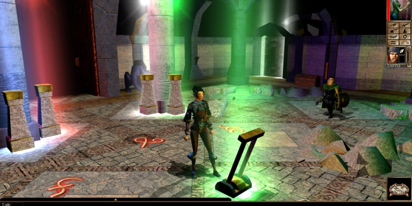 A character surrounded by beams of green light from Neverwinter Nights.