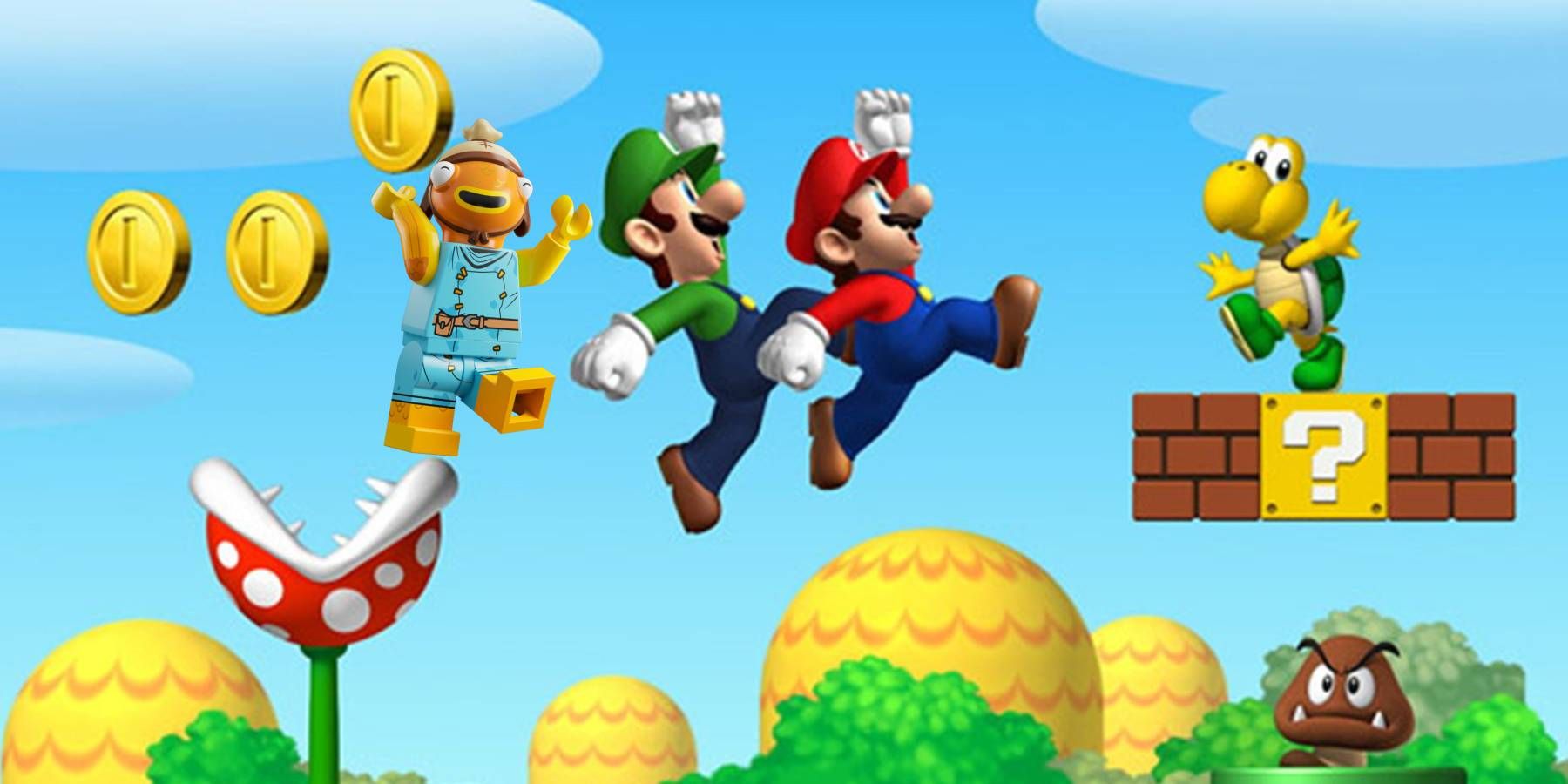LEGO Fishstick from LEGO Fortnite jumping with Mario and Luigi in art from New Super Mario Bros.