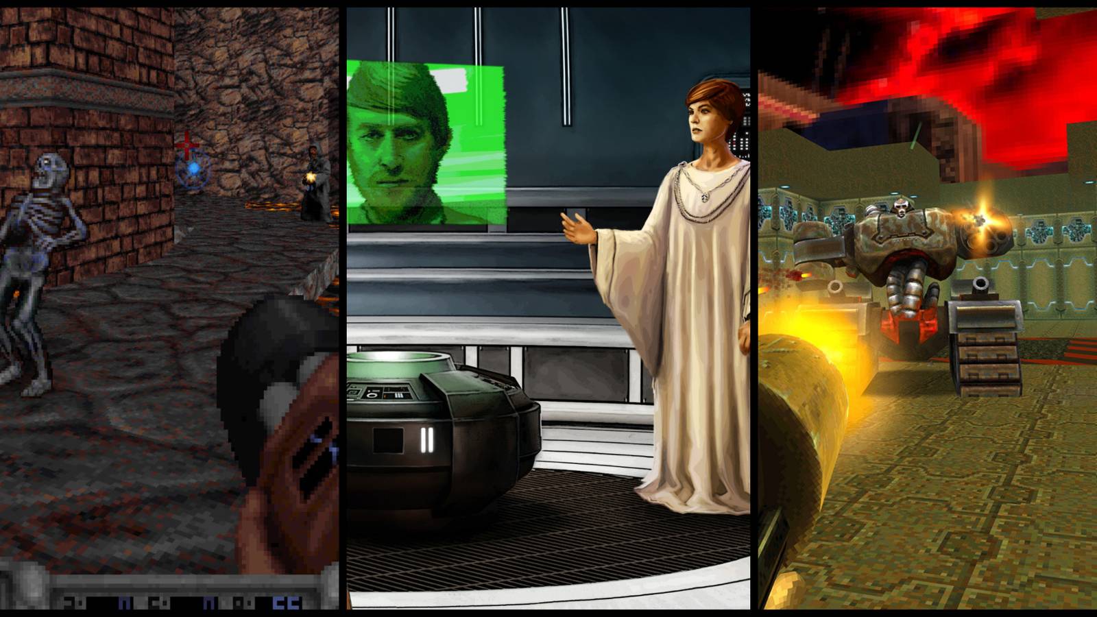 screenshots from Blood, STAR WARS: Dark Forces Remaster, and Quake 2