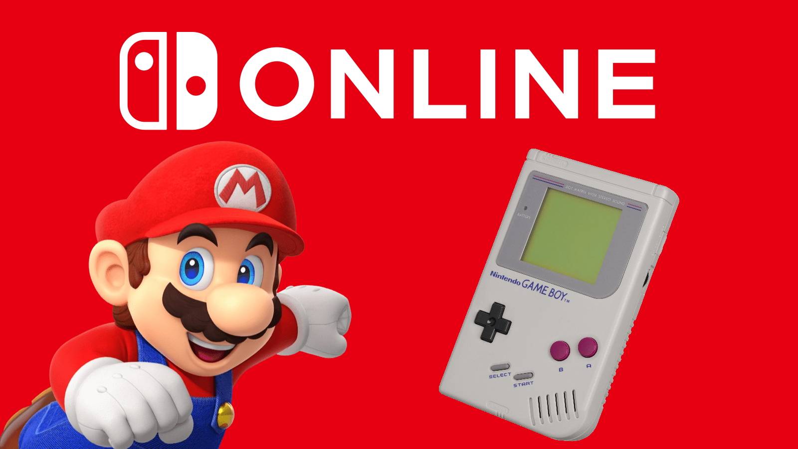 Transparent images of Mario and a Game Boy set against a red background with the Nintendo Switch Online logo.