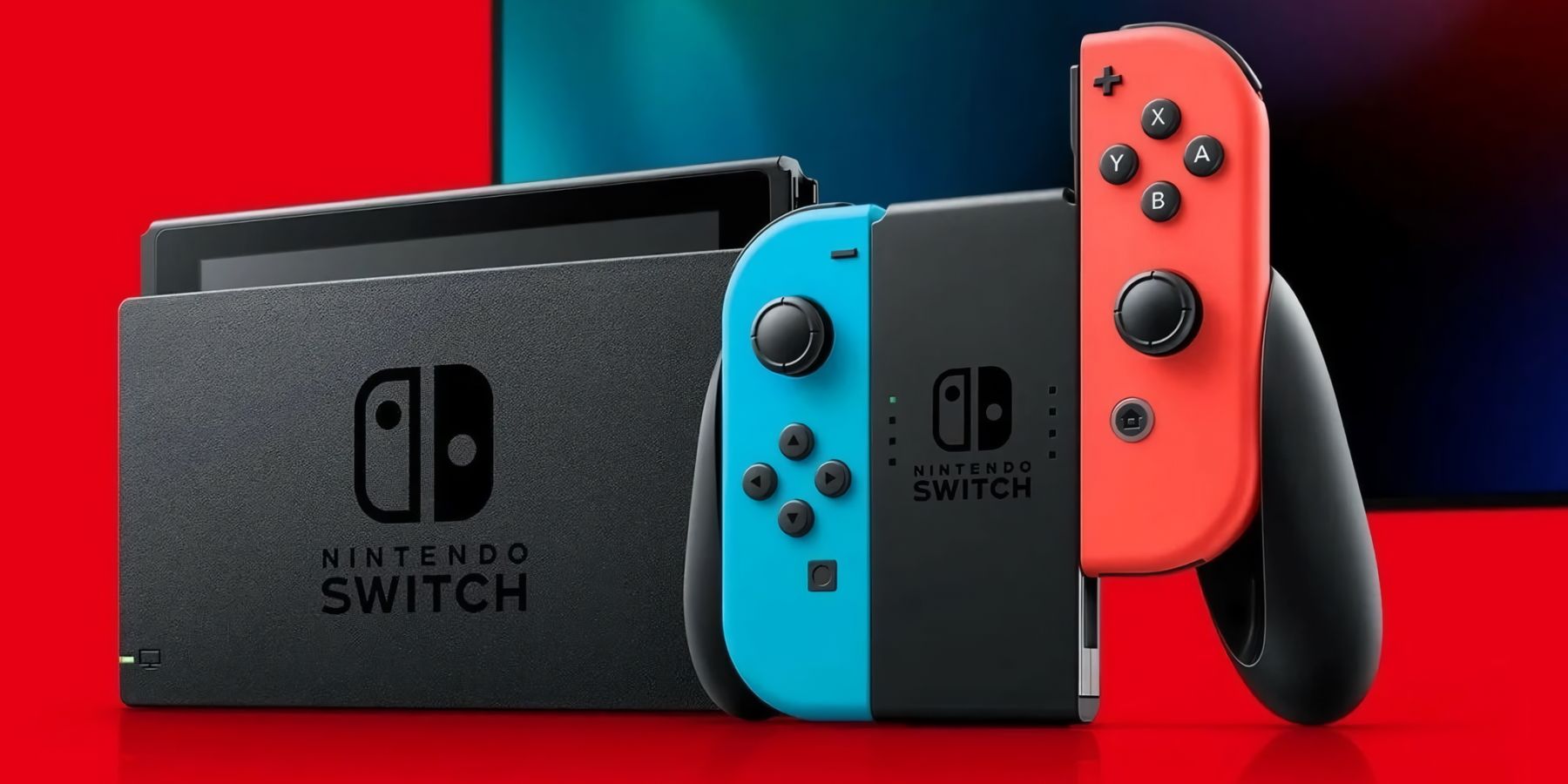 A promotional image for a Nintendo Switch, showing the docked console and the JoyCon controllers.