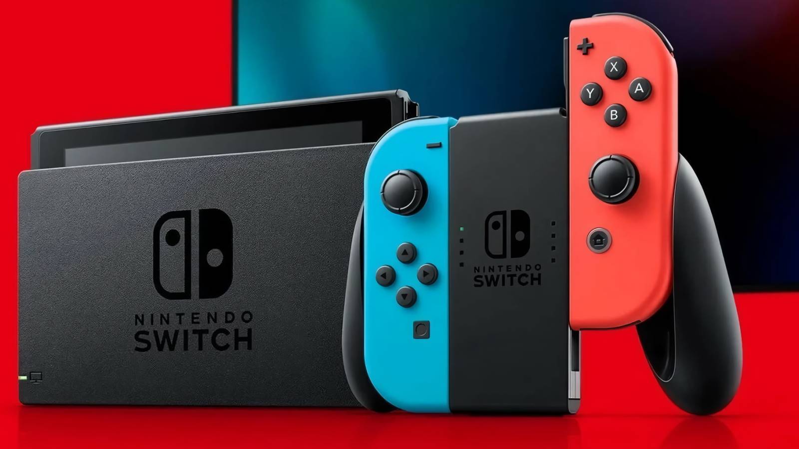 A promotional image for a Nintendo Switch, showing the docked console and the JoyCon controllers.