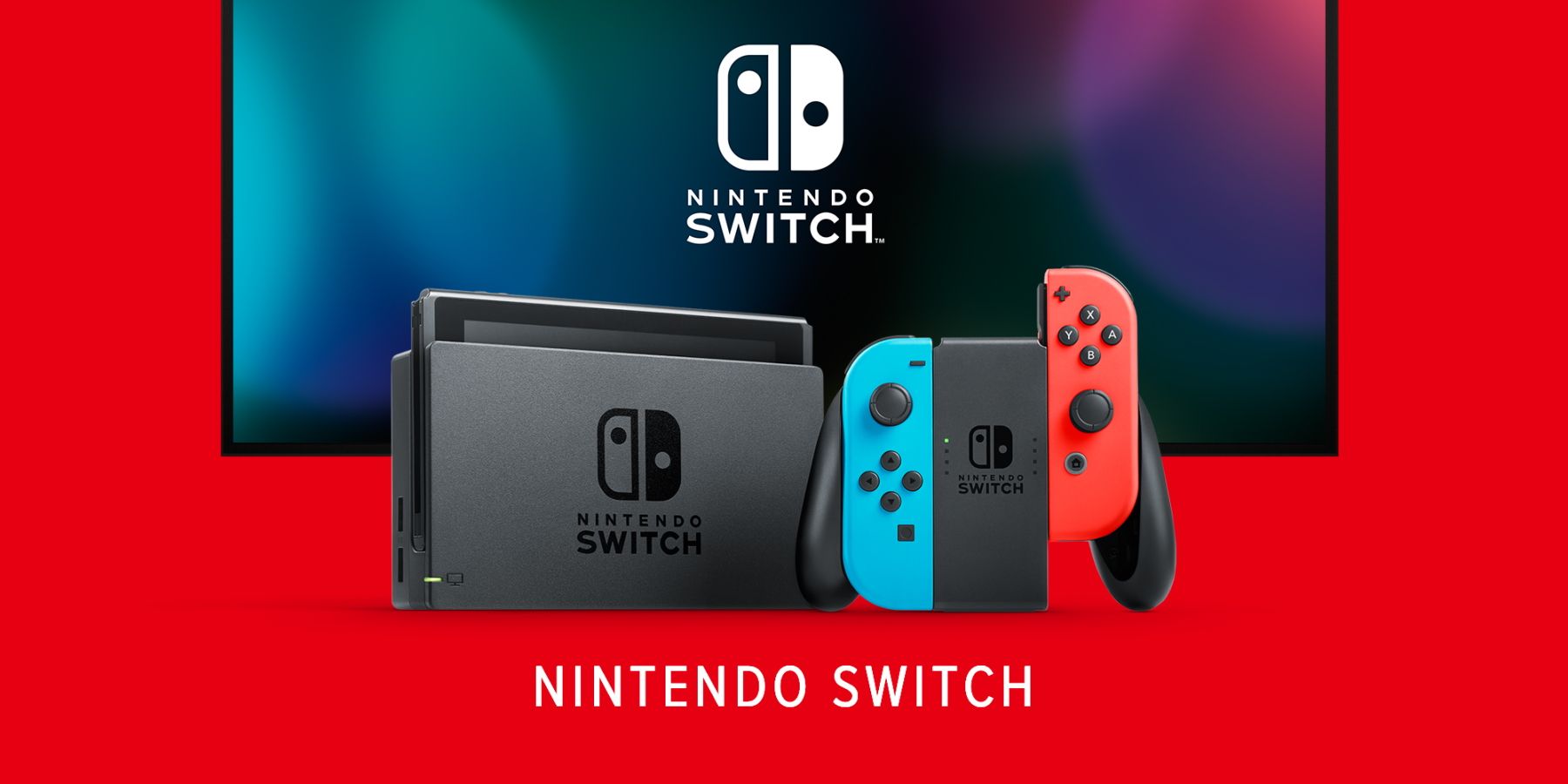 A promotional image for the Nintendo Switch showing a TV, the console in the dock, and the JoyCons.