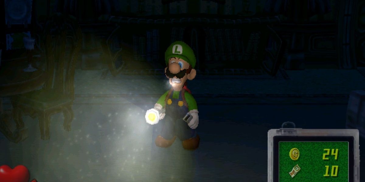 luigi holding a flashlight in luigi's mansion