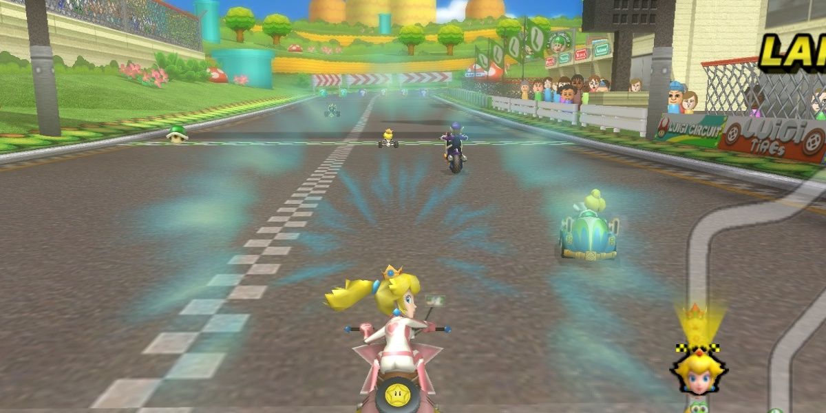 peach riding a motorcycle in mario kart wii