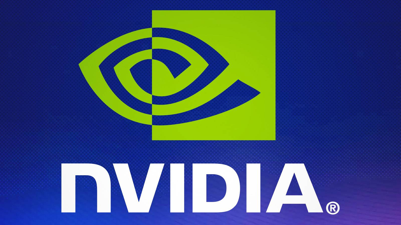 Nvidia logo on dark purple and indigo dot halftone background