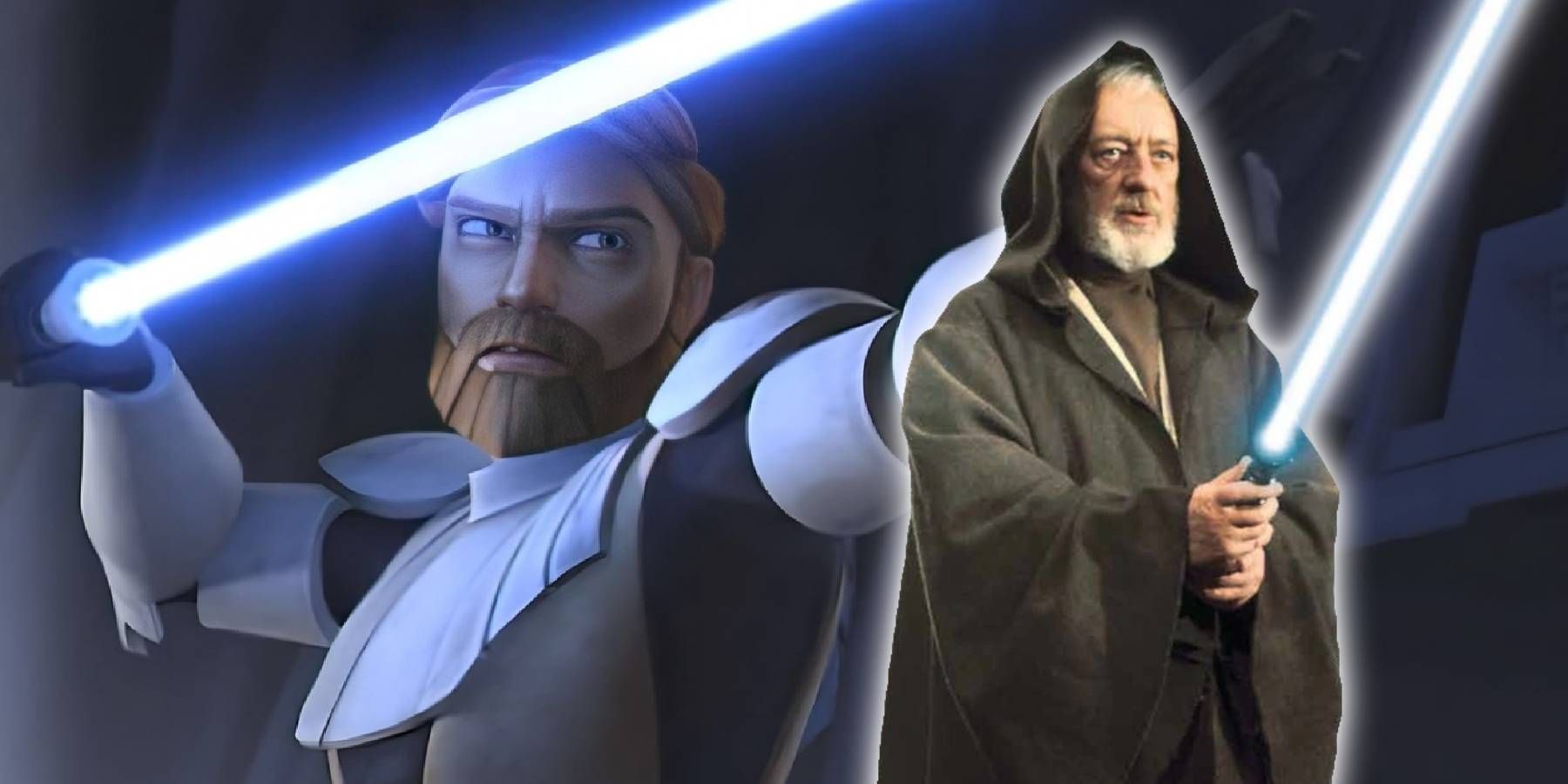 Obi-Wan Kenobi from Star Wars: The Clone Wars animated series and Sir Alec Guinness as Obi-Wan from Star Wars: Episode IV: A New Hope