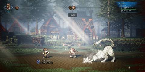 A screenshot showing combat in Octopath Traveler featuring playable character H'aanit and his beast companion. Linde.