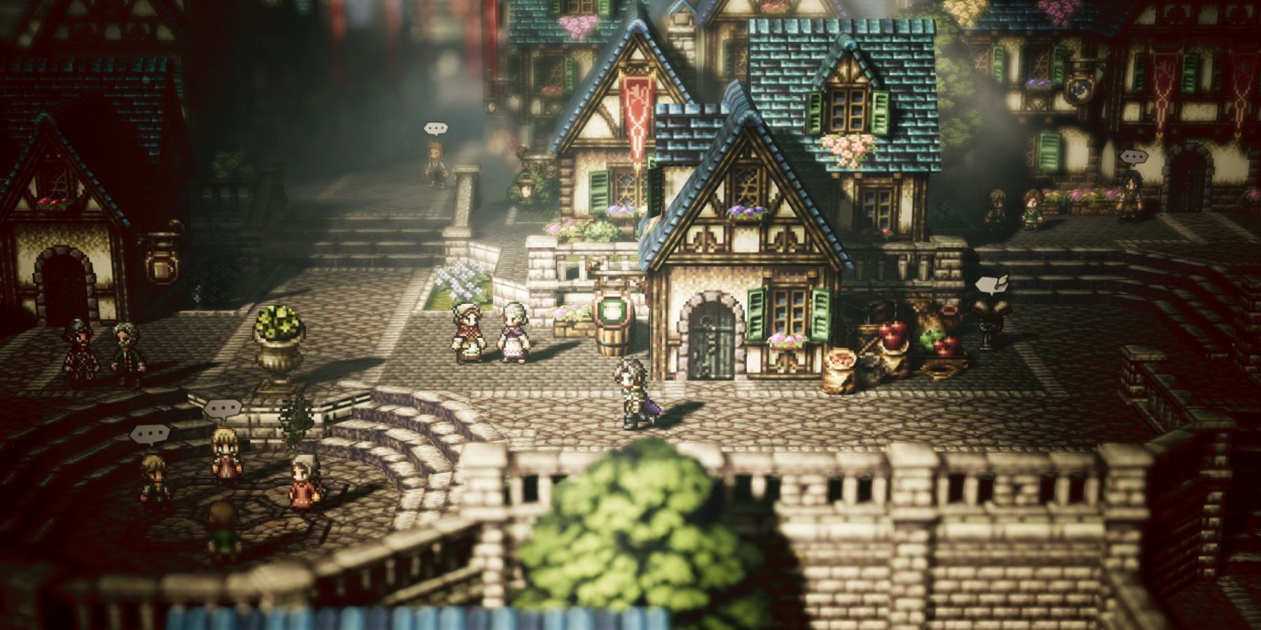A screenshot showing one of the towns in Octopath Traveler.