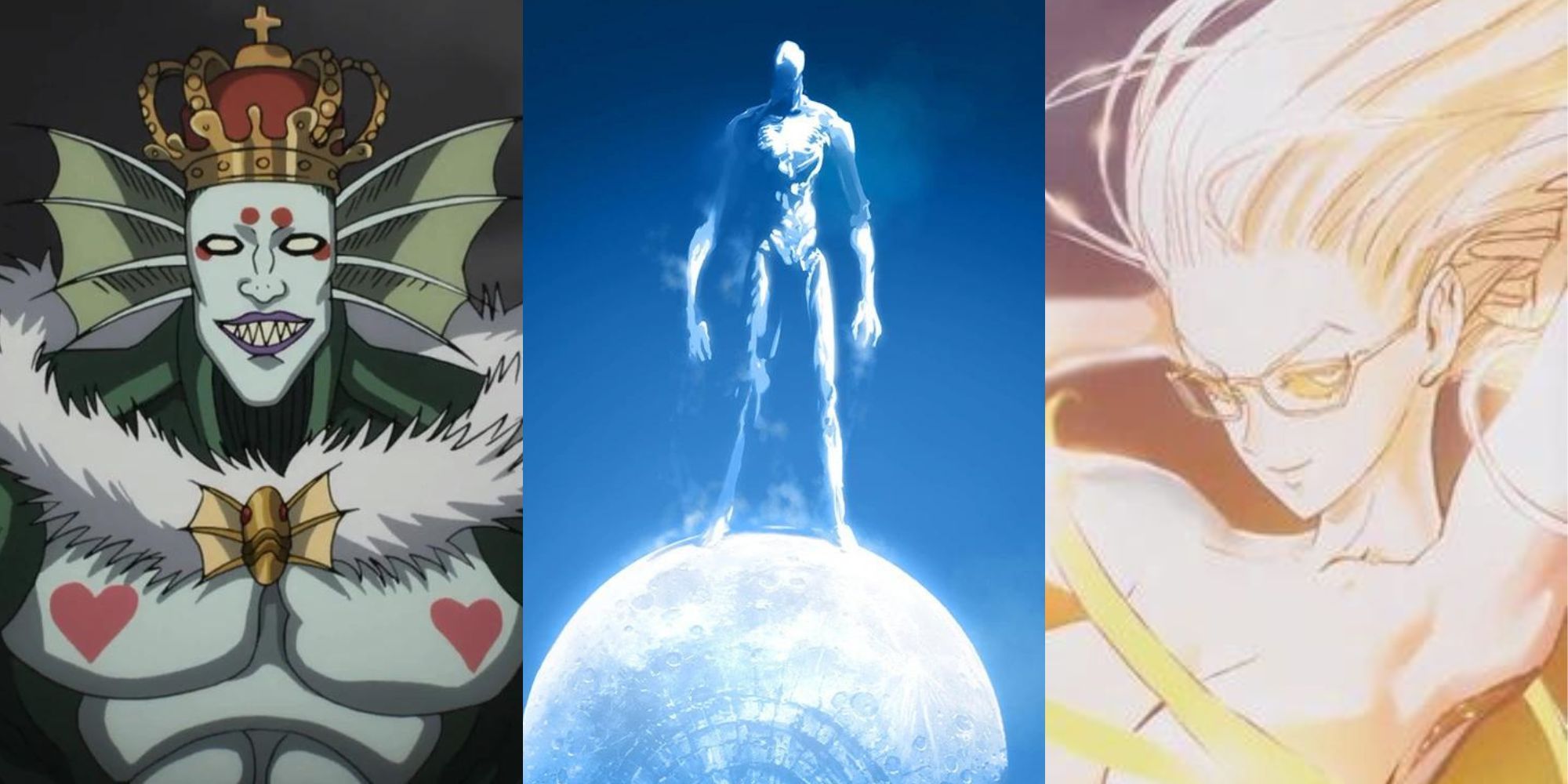 A collage with some of the most evil characters in One Punch Man: Deep Sea King, God and Psykos.