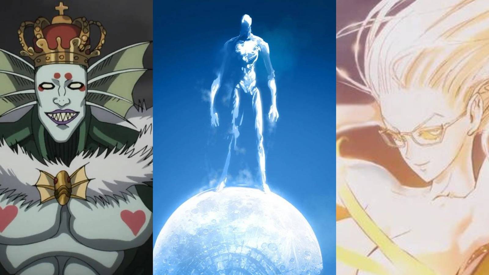 A collage with some of the most evil characters in One Punch Man: Deep Sea King, God and Psykos.