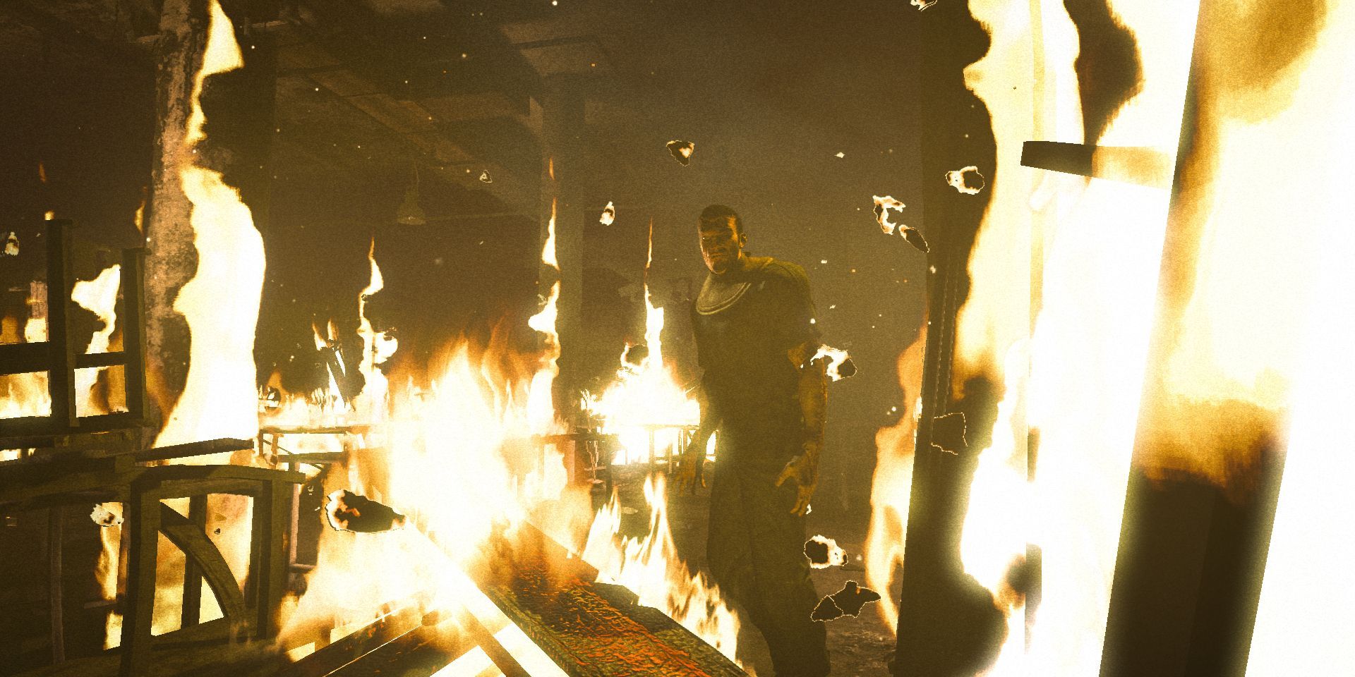 A building burning around the player in Outlast