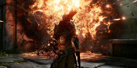 A player facing an explosion in Outriders
