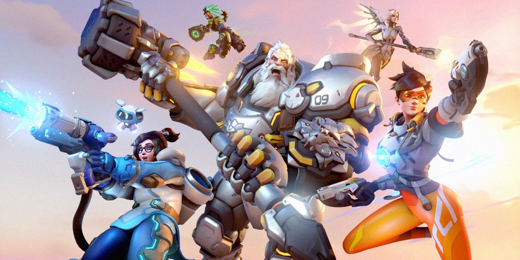 ow2 art with reinhardt, mei, tracer, lucio, and mercy