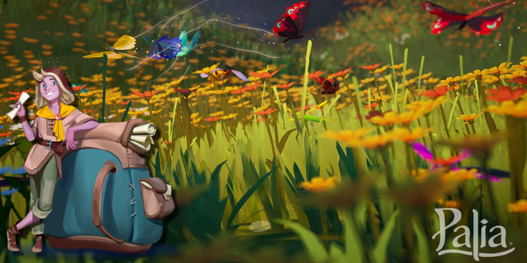 A photo of the grass and some insects flying around with Auni, the bug-catching expert NPC.
