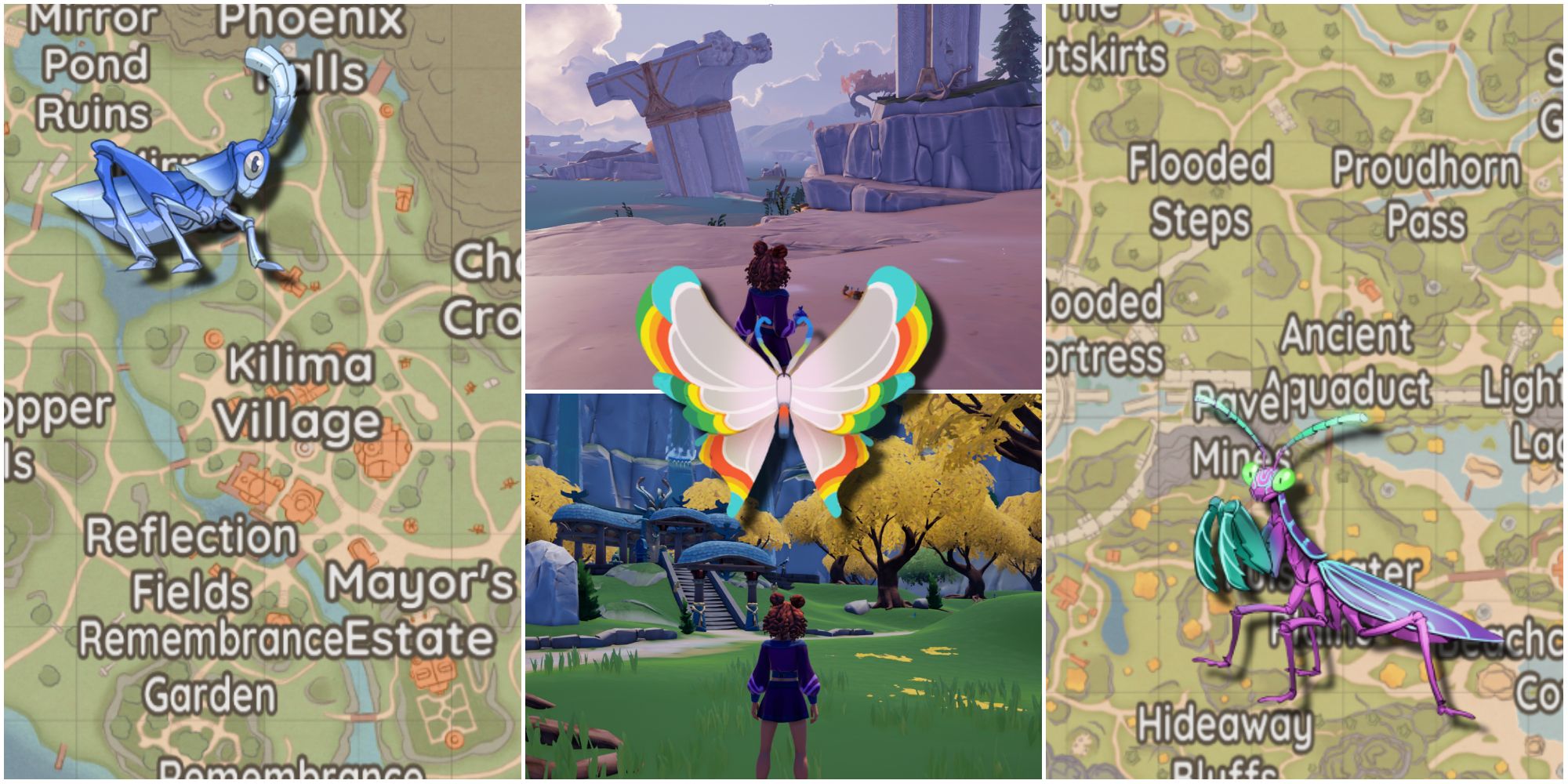 Kilima and Bahari Bay maps and screenshots of some of the best places to catch bugs, along with some bug icons