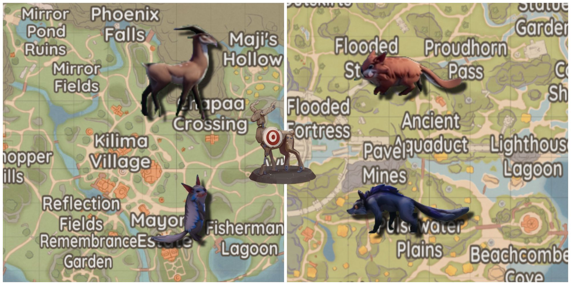 Bahari Bay and Kilima maps, highlighting some animals and the best locations for hunting them