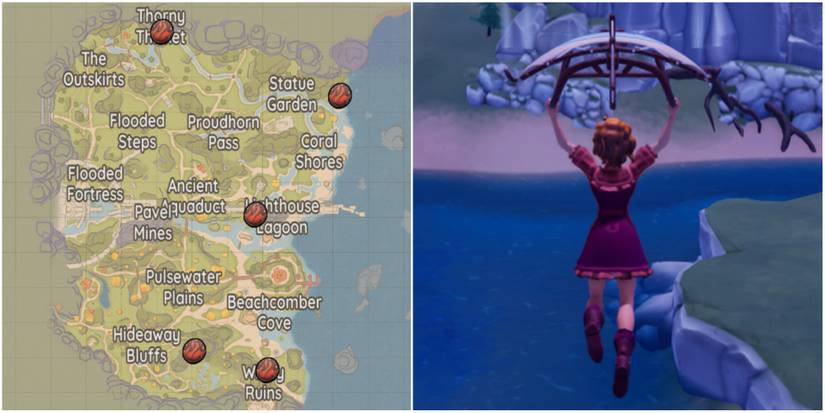 A map with the location of every emberseeker medallion and a character using a glider