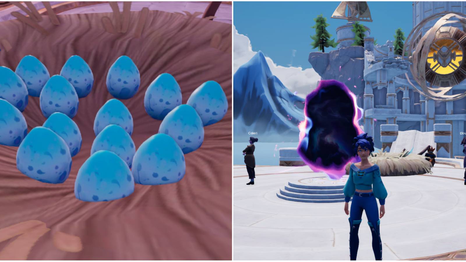 A full nest of Silverwing eggs and a character at the portal in the Temple of the Gales