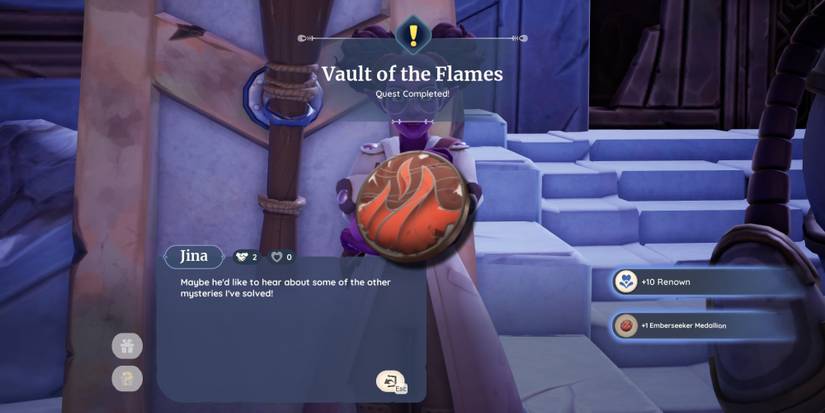 The completion screen for the Vault of the Flames quest, which results in receiving the first Emberseeker Medallion