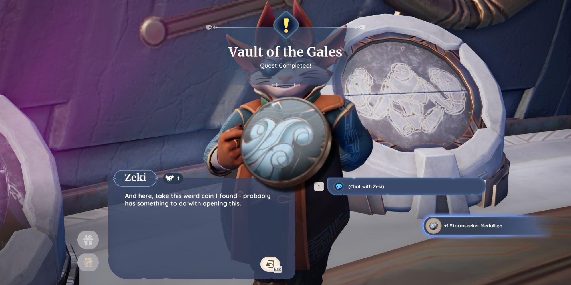 The completion screen for the Vault of the Gales quest, showing dialogue with Zeki and the addition of a Stormseeker Medallion to your inventory