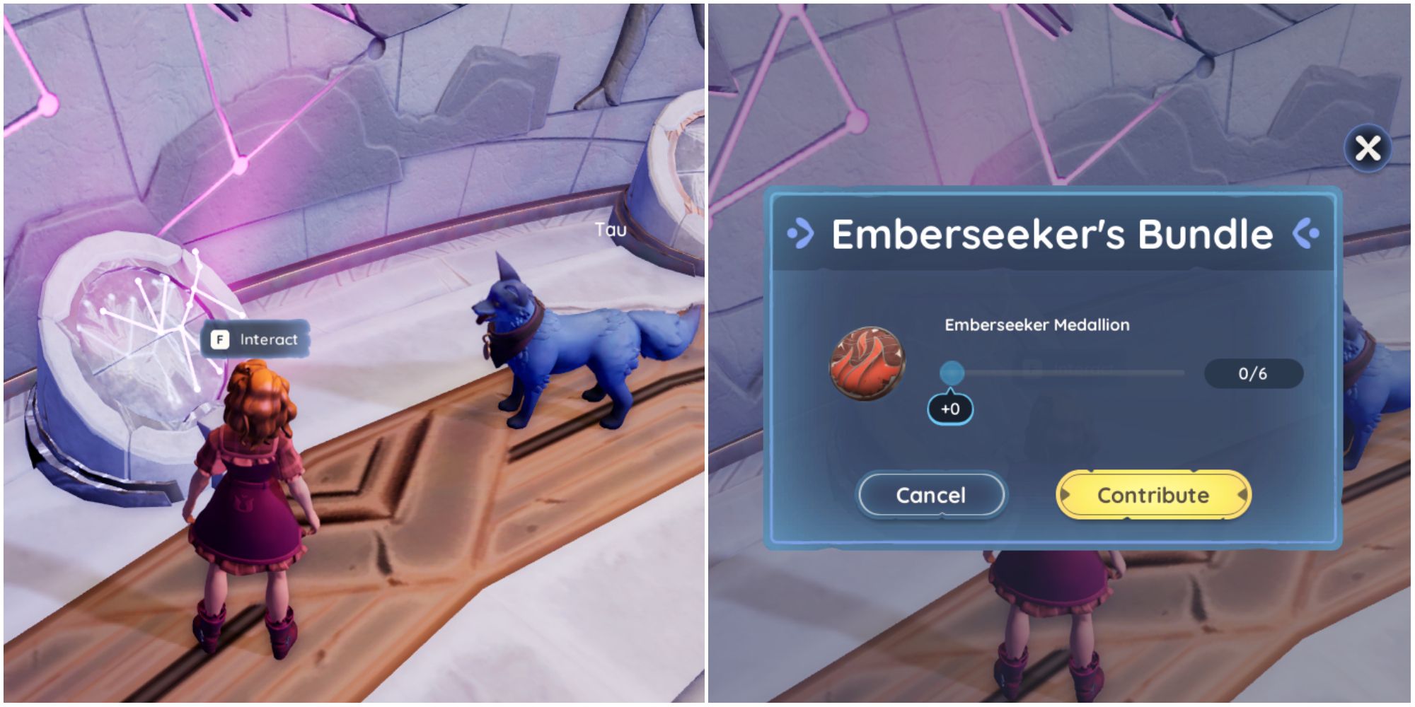 A character interacting with the Vault of the Flames device and the Emberseeker's Bundle, where you can turn in medallions. - How To Turn In Emberseeker Medallions
