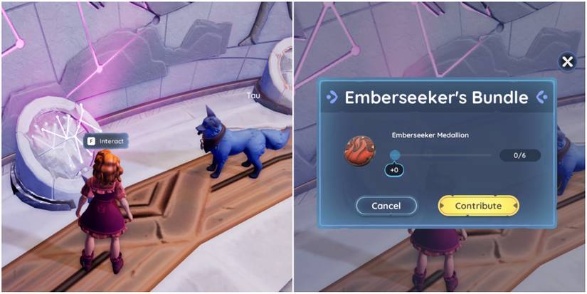 A character interacting with the Vault of the Flames device and the Emberseeker's Bundle, where you can turn in medallions.