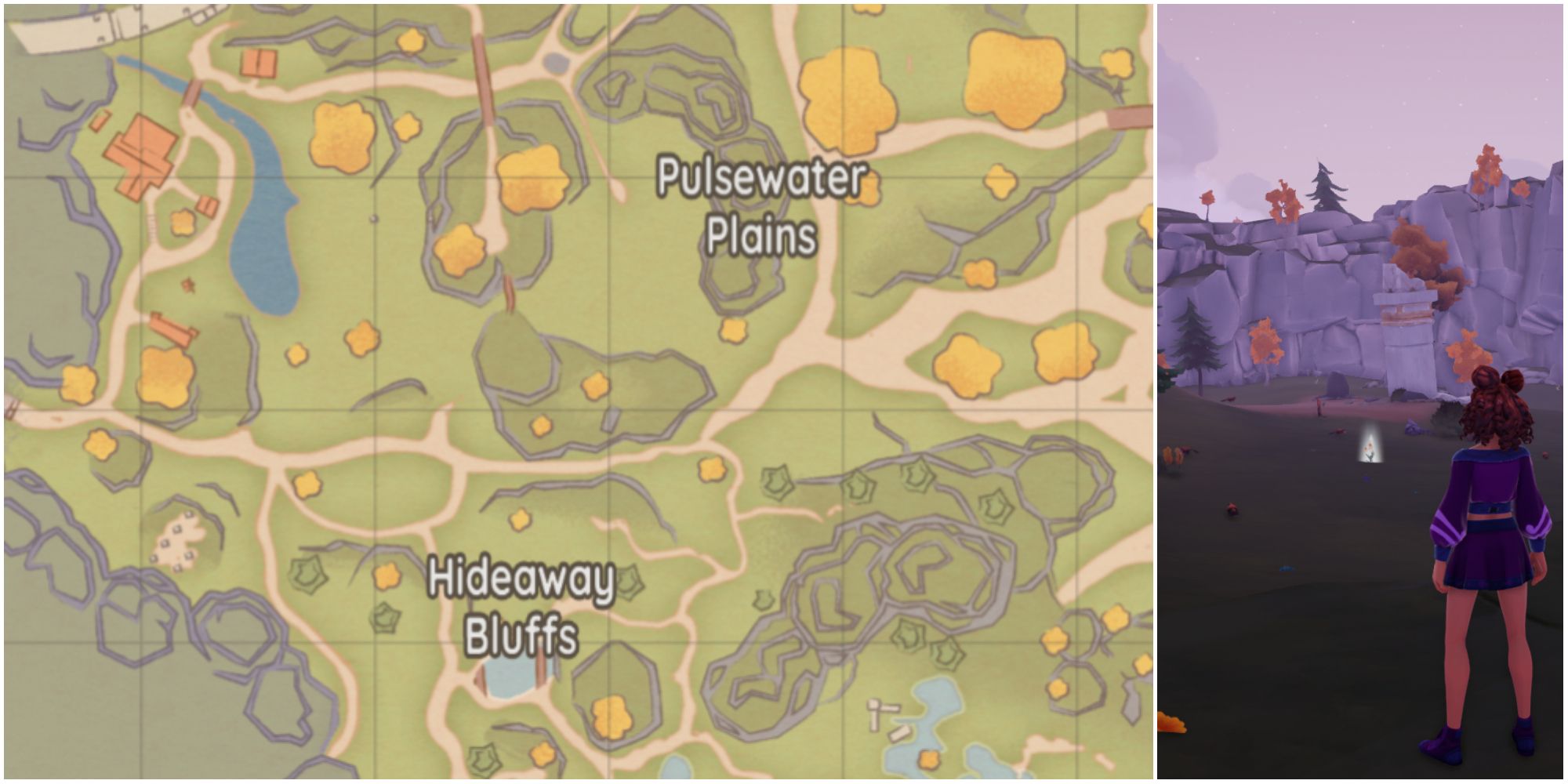 A map showing Pulsewater Plains and Hideaway Bluffs, the best area in Bahari Bay to catch bugs