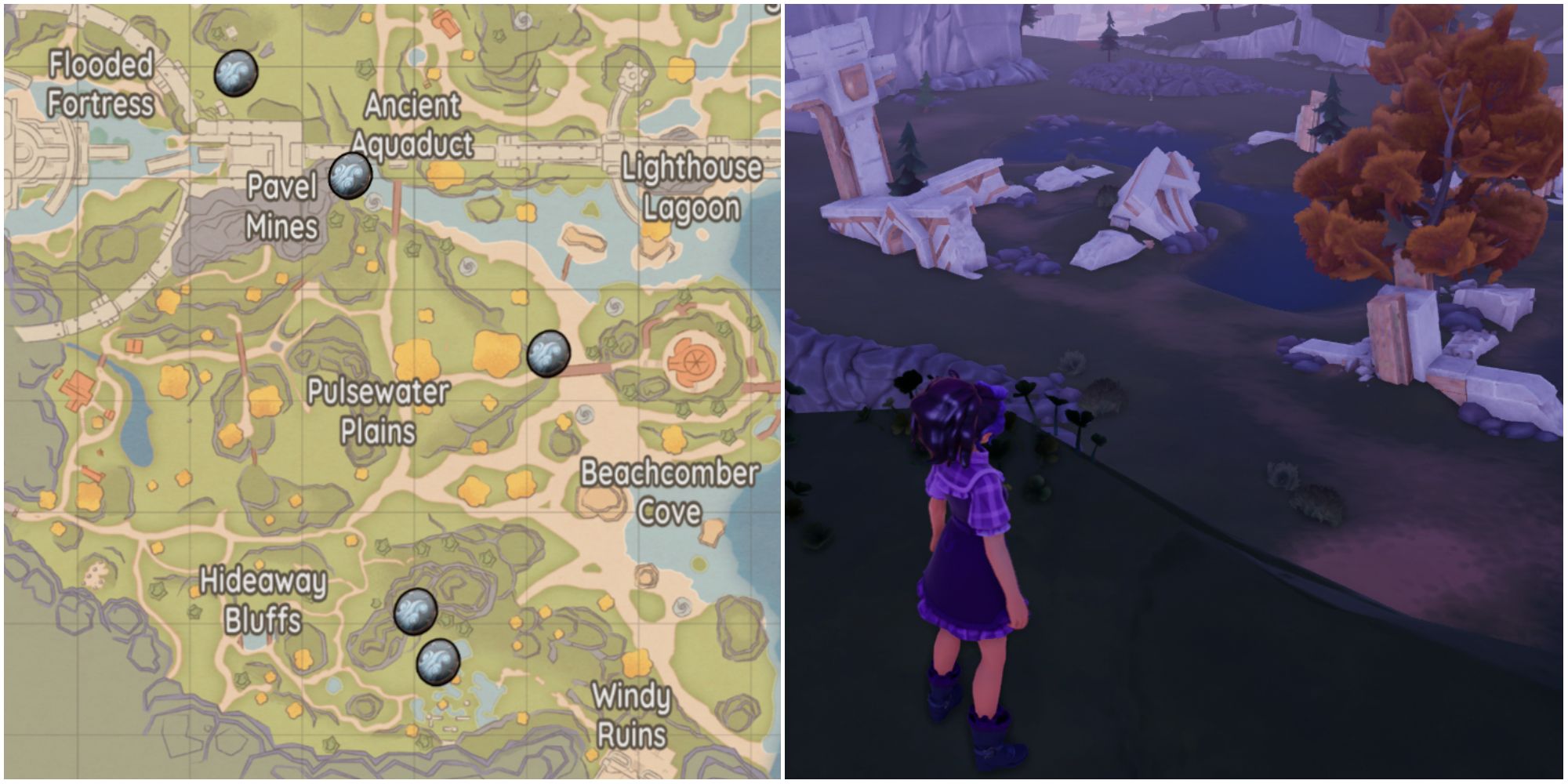 A map showing the locations of all five hidden Stormseeker Medallions and an image of a character overlooking the ruins in Bahari Bay