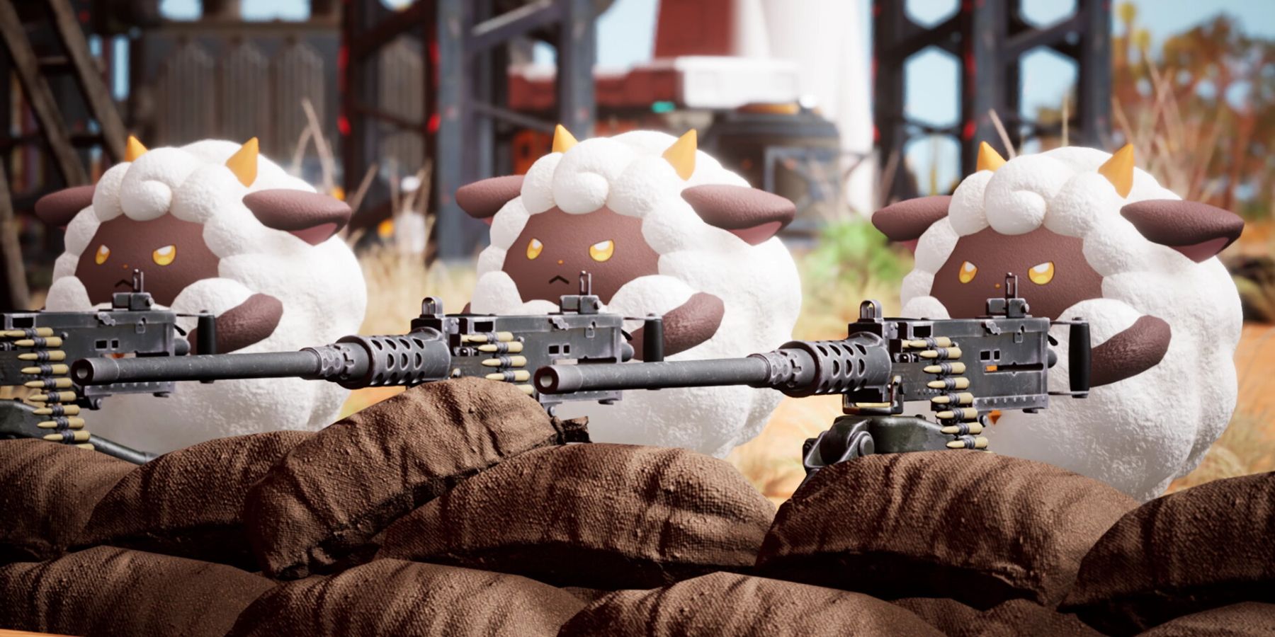 A screenshot from Palworld showing Lamballs defending an in-game base using machine guns. - Even though Palworld's building system leads to the emergence of mesmerizing structures, it still needs to be improved