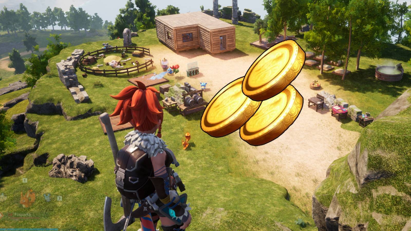 A screenshot showing a Palworld base with the icons for Gold Coins overlayed on top.