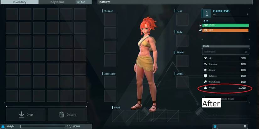 Palworld Carry Weight Increase Mod showing the increased carry weight stat