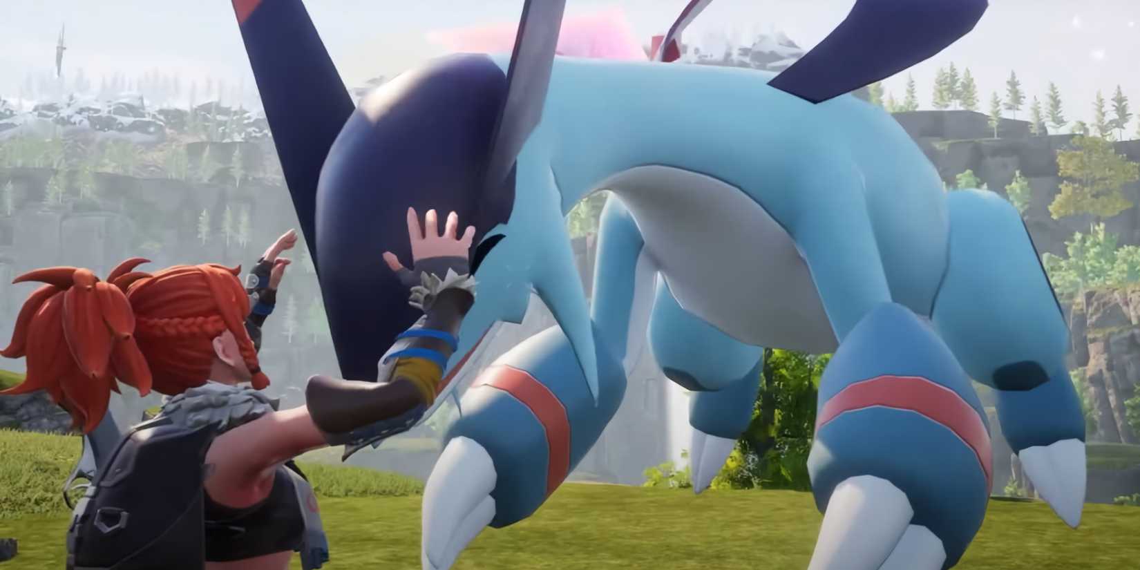 A screenshot from Palworld showing a player character petting a Jetragon.