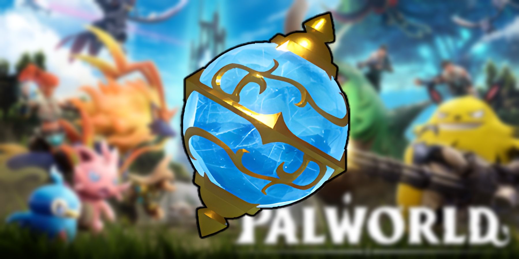 A Pal Sphere from Palworld overlayed over the key visual for the game.