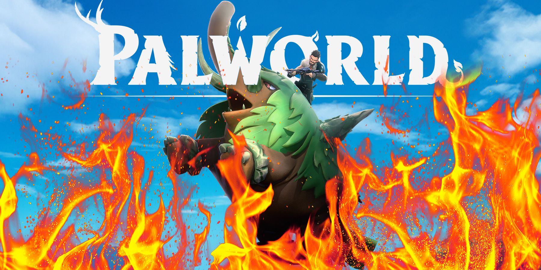 Palworld Mammorest fire sky game logo composite