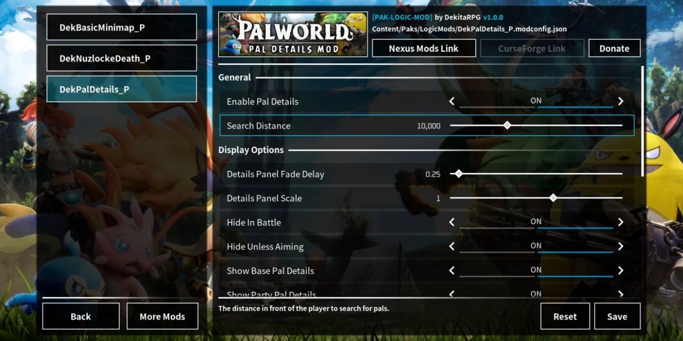 Palworld Mod Configuration Menu Mod showing numerous settings