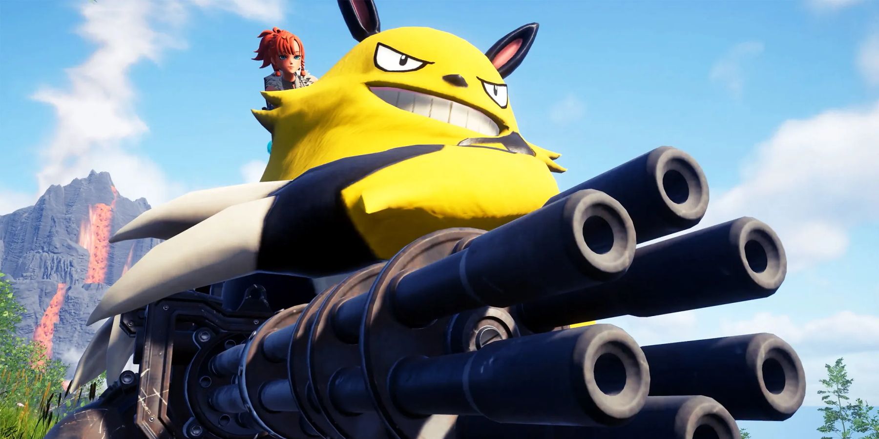 A screenshot from Palworld showing a player character riding a Grizzbolt wielding a minigun. - PC Remains A Key Platform For Video Games