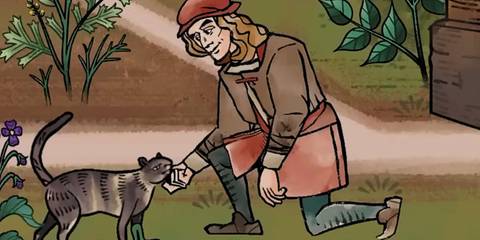 The artist petting a cat