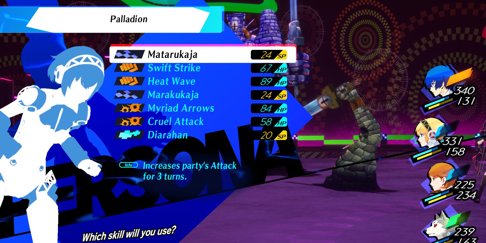 Image of Aigis using Matarukaja to buff the team's Attack in Persona 3 Reload - Along with Koromaru, you'll want to bring along Aigis to deal Pierce damage, especially to Merciless Judge