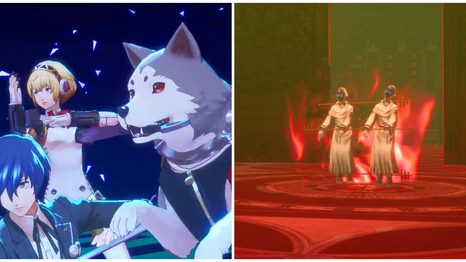 Split image of the team performing an All-Out Attack and the Crazy Twins boss in Persona 3 Reload