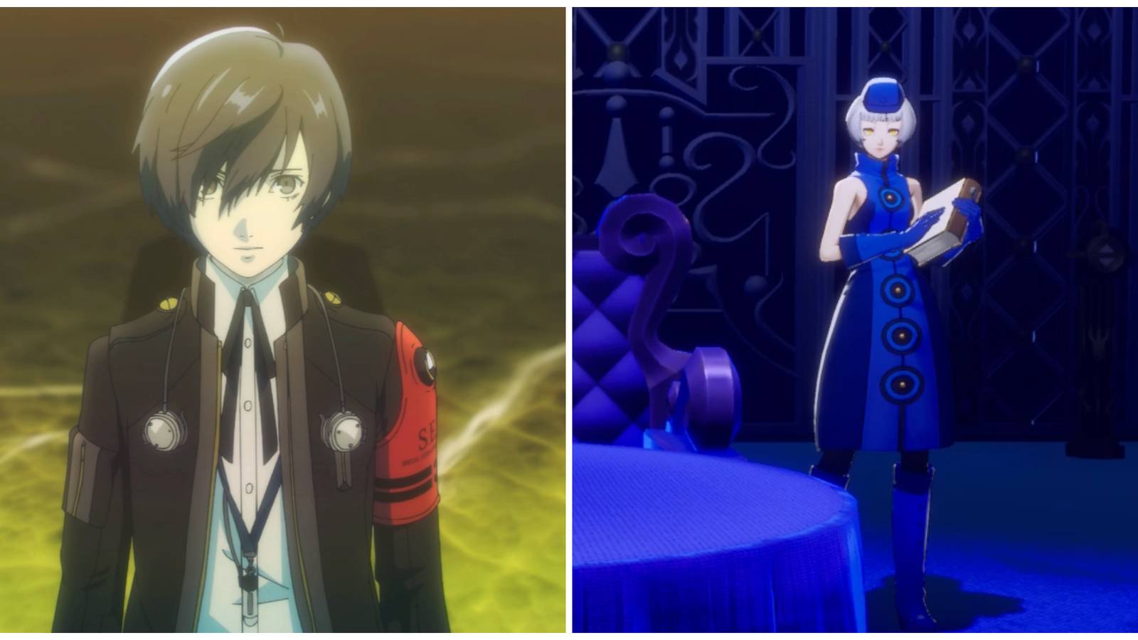 Split image of the main character in a cutscene and Elizabeth in the Velvet Room in Persona 3 Reload